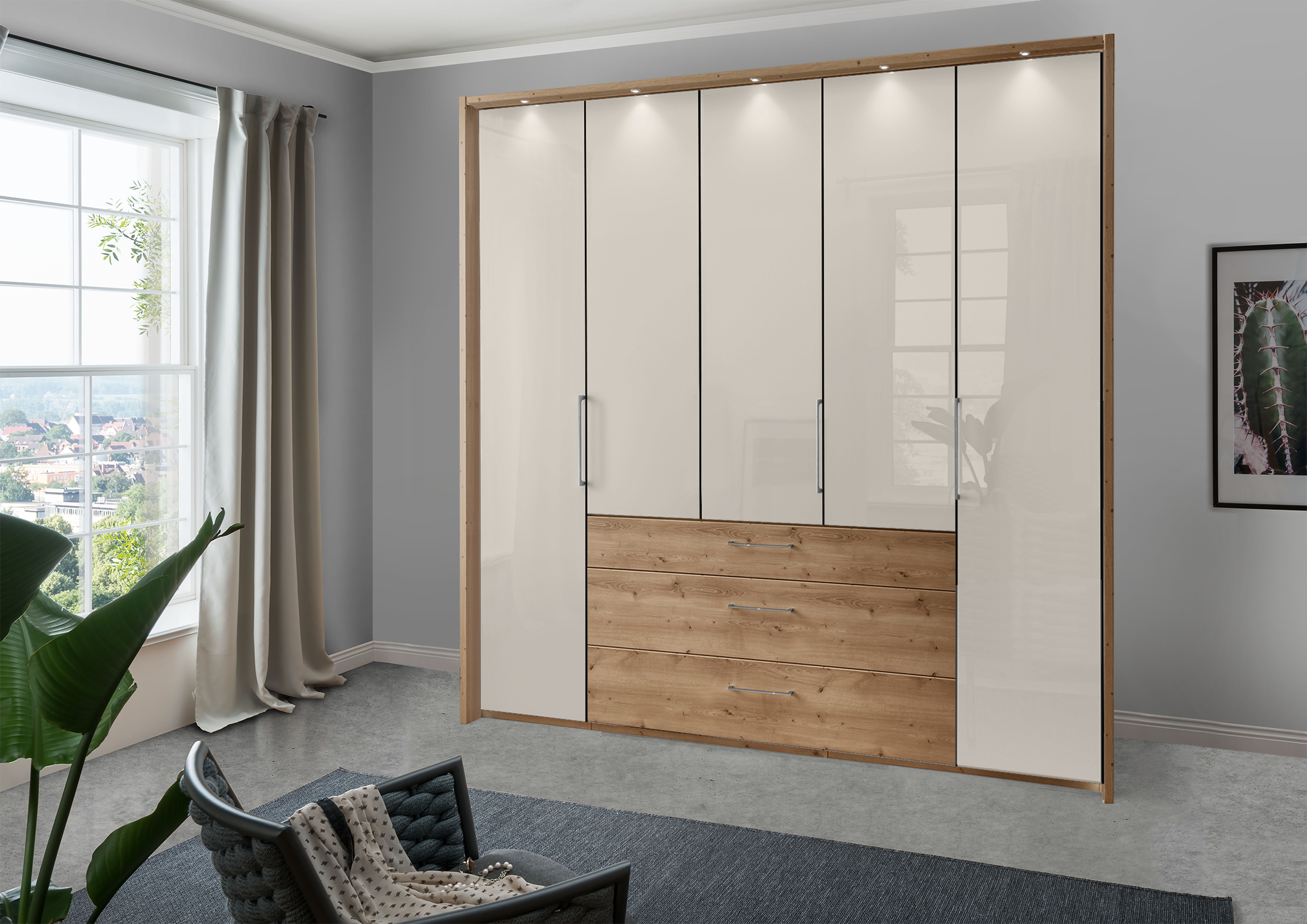 Munich 5 Door Wardrobe Glass Champagne with Drawers 250 cm