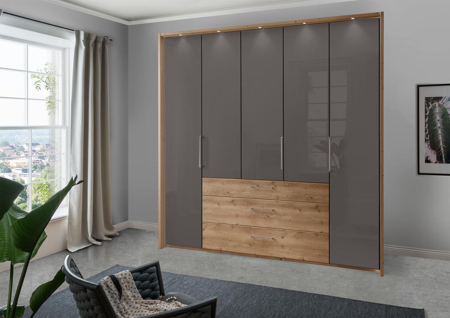 Munich 5 Door Wardrobe Glass Havana with Drawers 250 cm