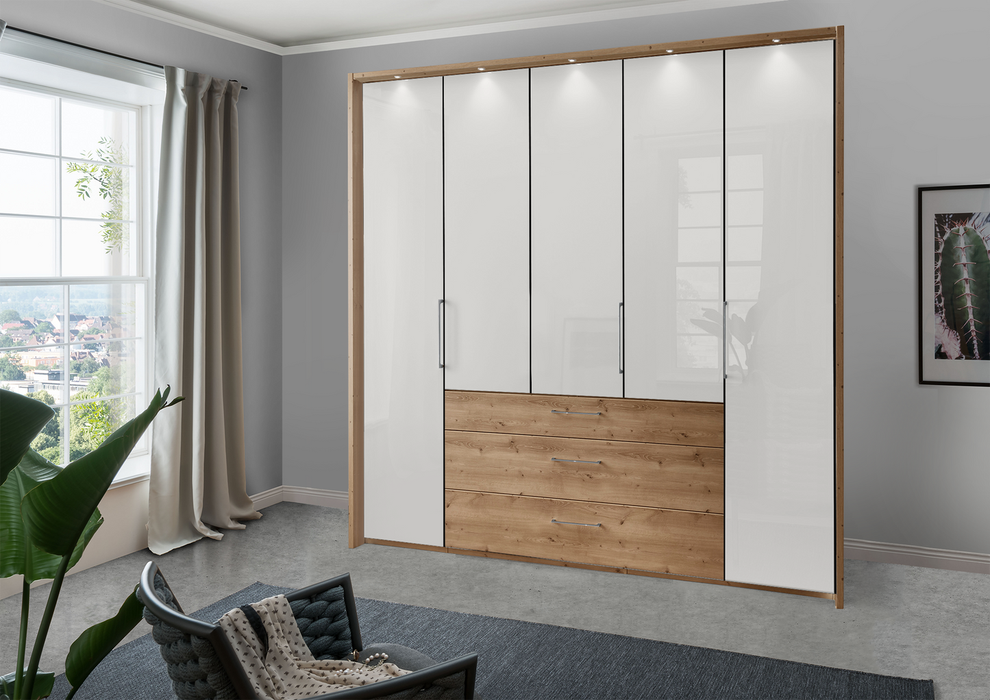 Munich 5 Door Wardrobe Glass White with Drawers 250 cm