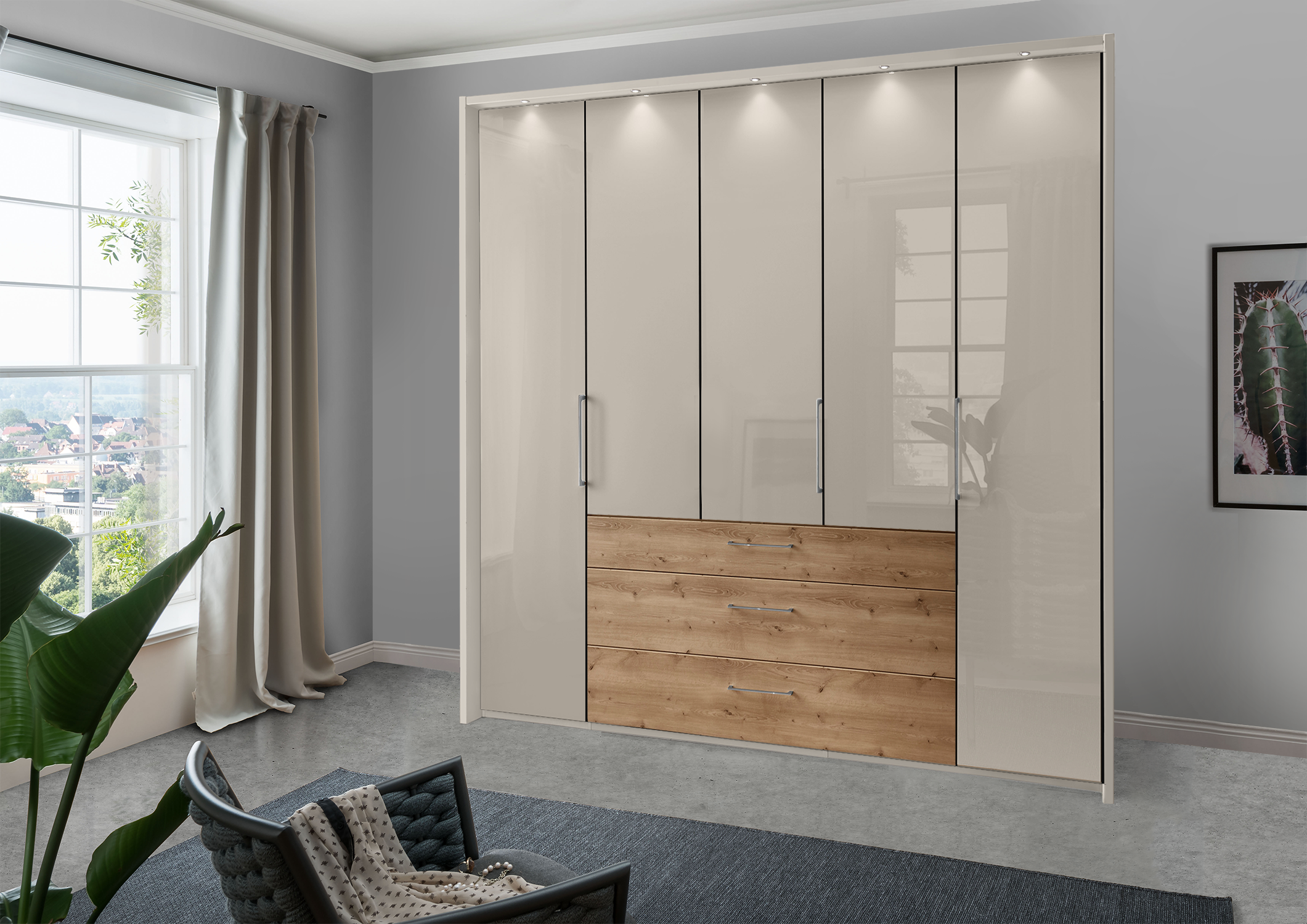 Munich 5 Door Wardrobe Glass Pebble Grey with Drawers 250 cm