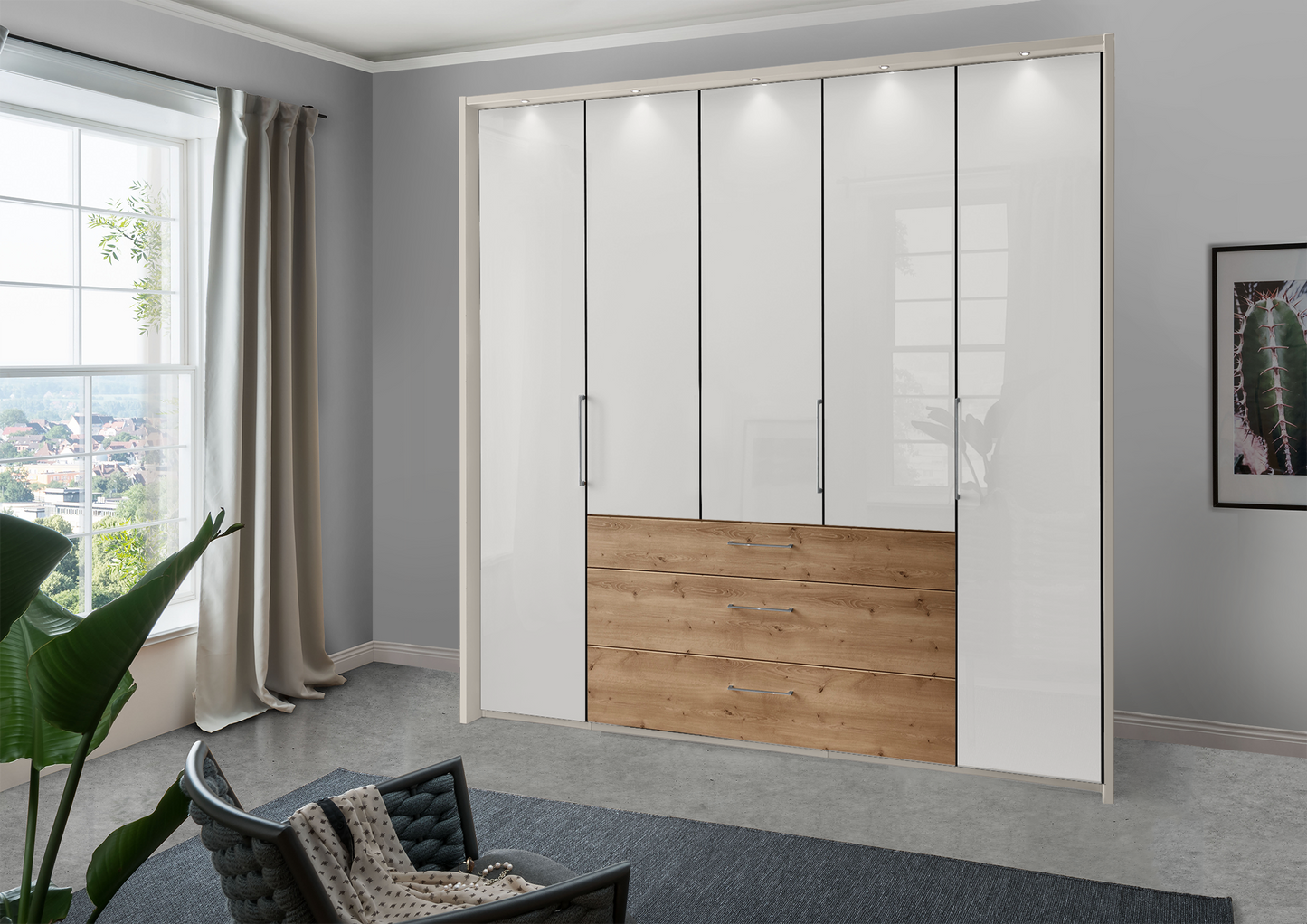 Munich 5 Door Wardrobe Glass White with Drawers 250 cm