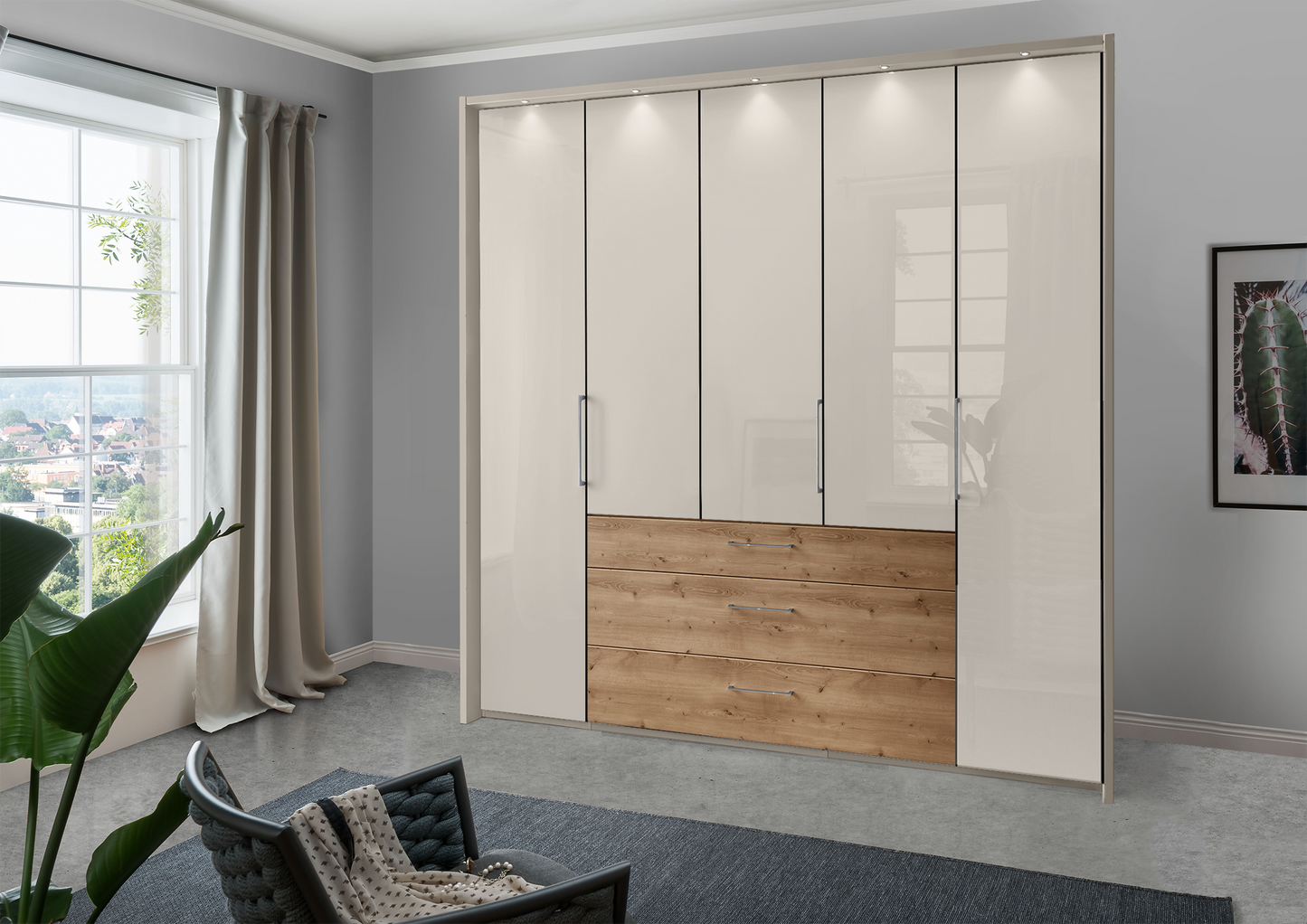 Munich 5 Door Wardrobe Glass Champagne with Drawers 250 cm