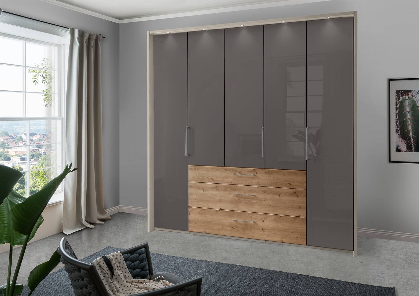 Munich 5 Door Wardrobe Glass Havana with Drawers 250 cm