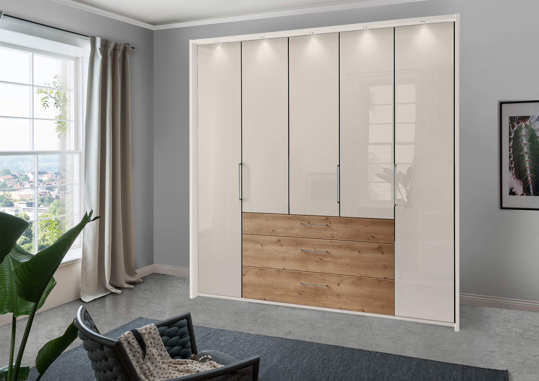 Munich 5 Door Wardrobe Glass Champagne with Drawers 250 cm
