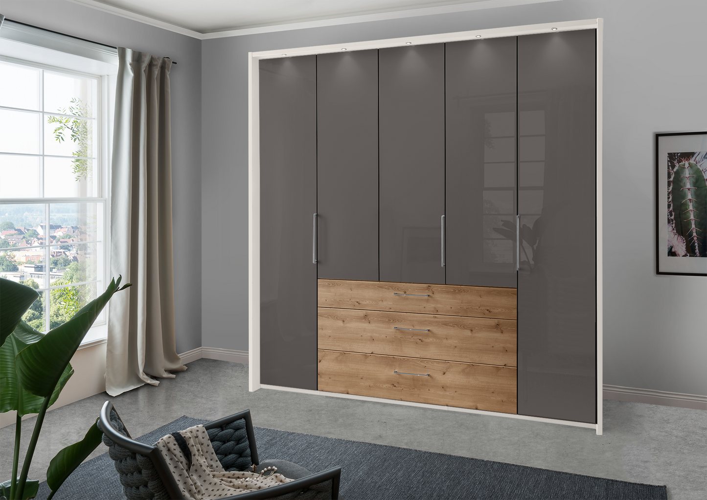 Munich 5 Door Wardrobe Glass Havana with Drawers 250 cm