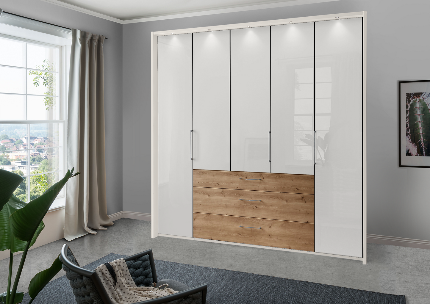 Munich 5 Door Wardrobe Glass White with Drawers 250 cm