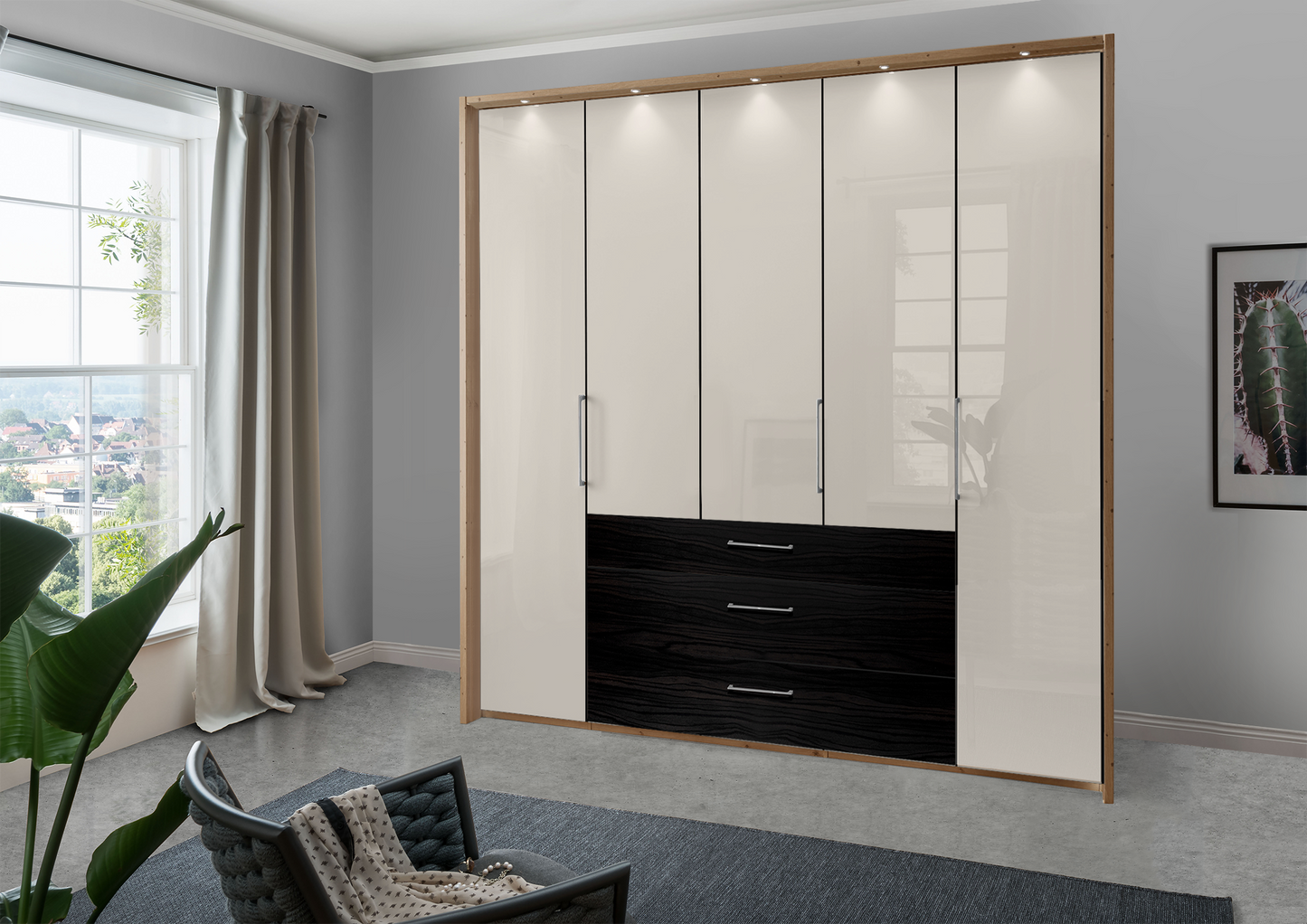 Munich 5 Door Wardrobe Glass Champagne with Drawers 250 cm