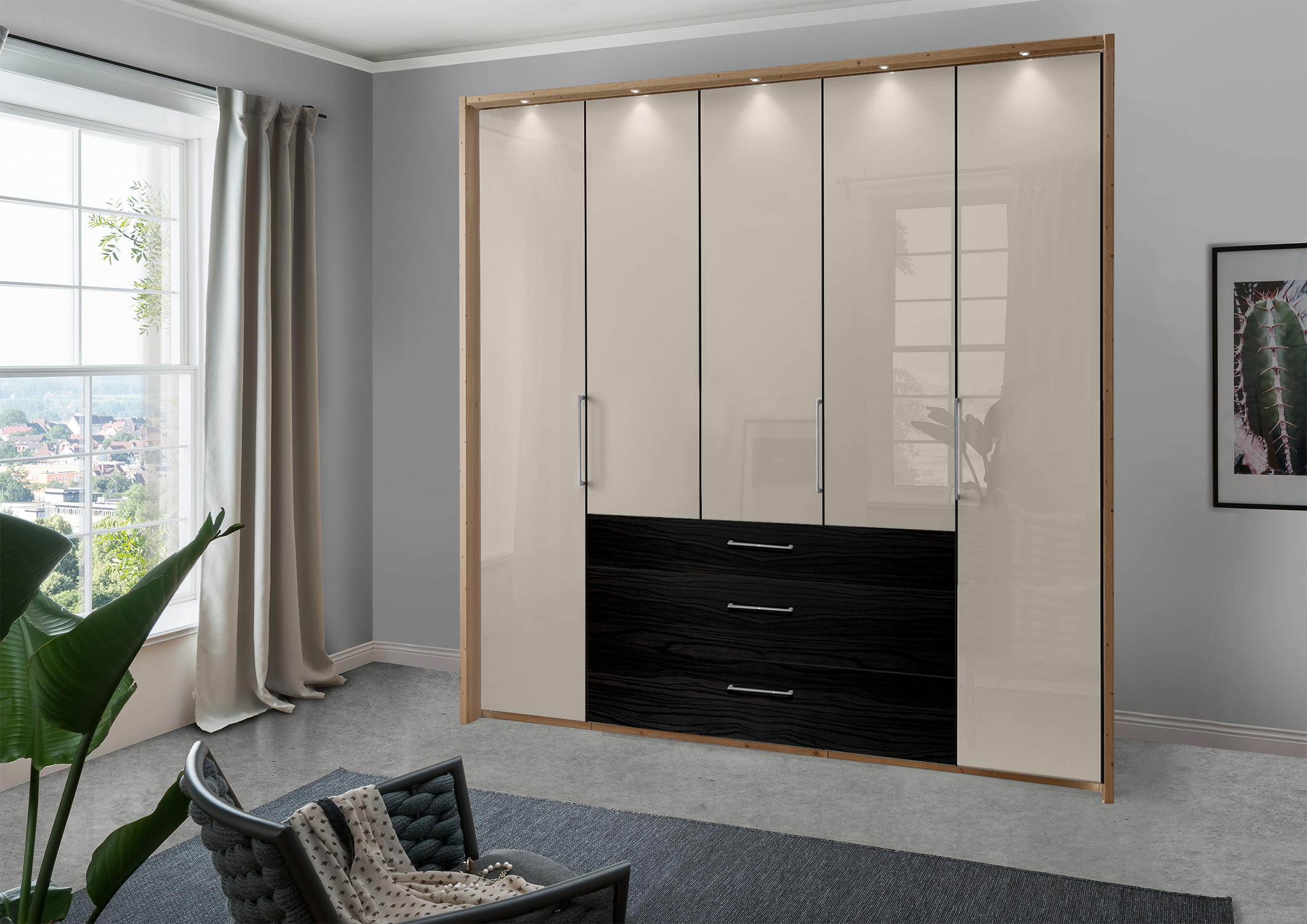 Munich 5 Door Wardrobe Glass Pebble Grey with Drawers 250 cm