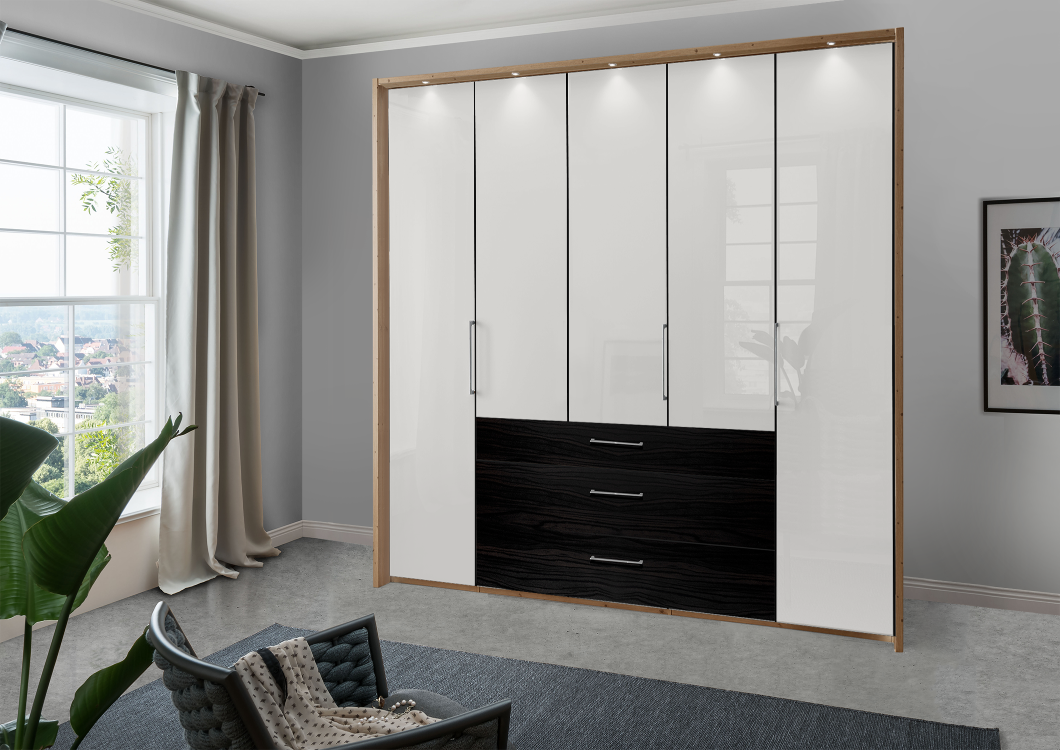 Munich 5 Door Wardrobe Glass White with Drawers 250 cm