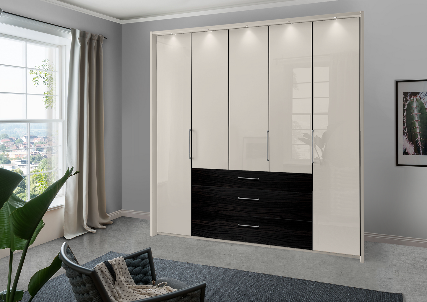 Munich 5 Door Wardrobe Glass Champagne with Drawers 250 cm