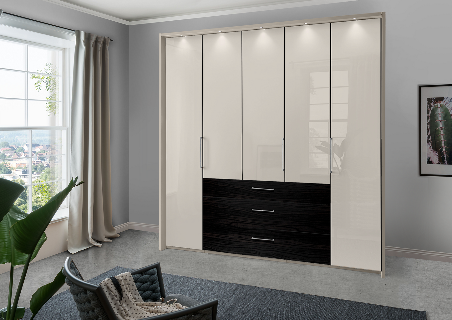 Munich 5 Door Wardrobe Glass Champagne with Drawers 250 cm