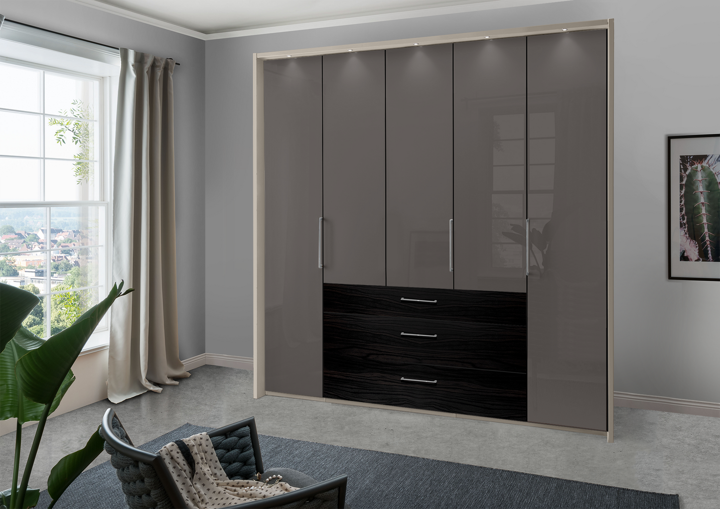 Munich 5 Door Wardrobe Glass Havana with Drawers 250 cm