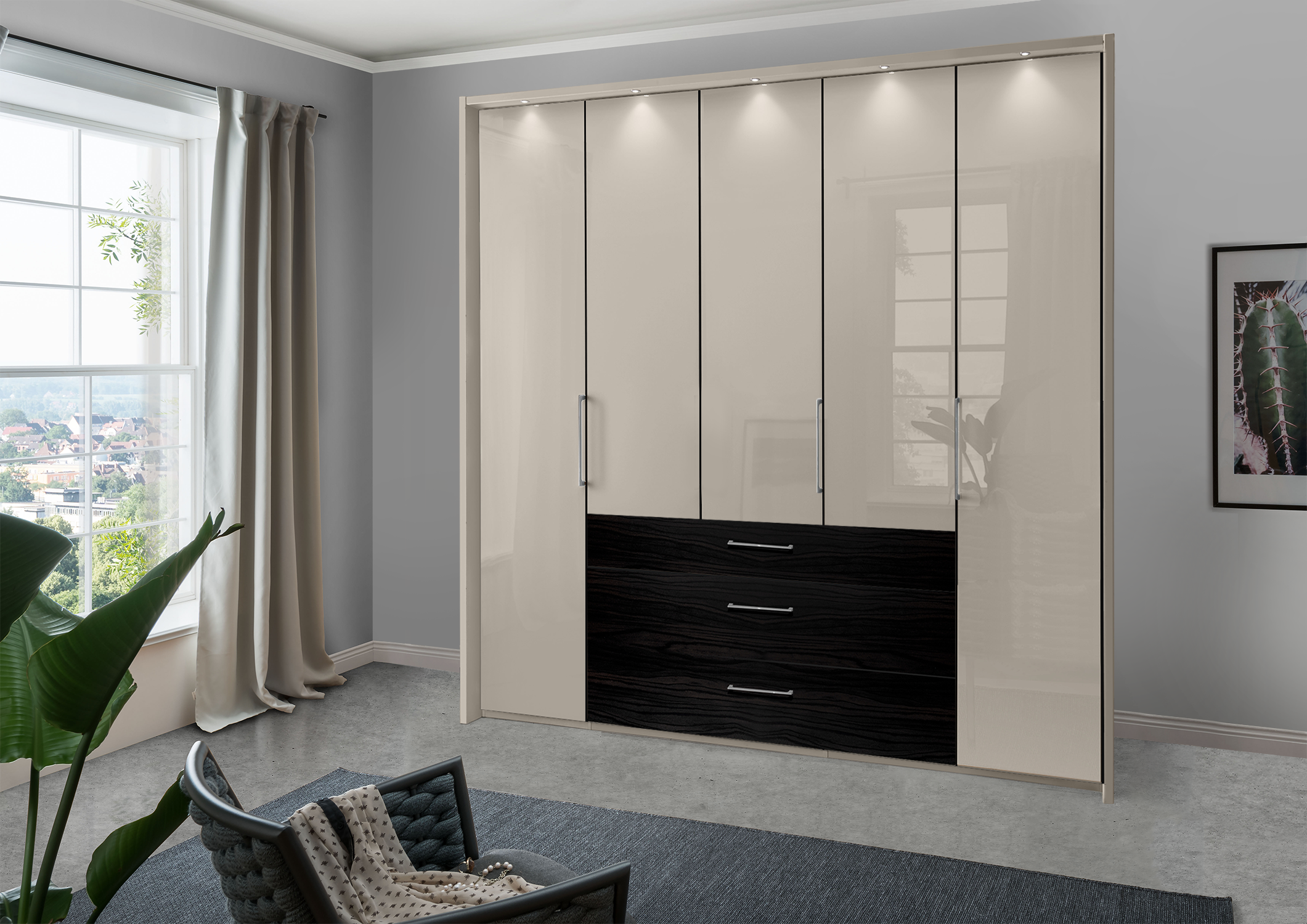 Munich 5 Door Wardrobe Glass Pebble Grey with Drawers 250 cm