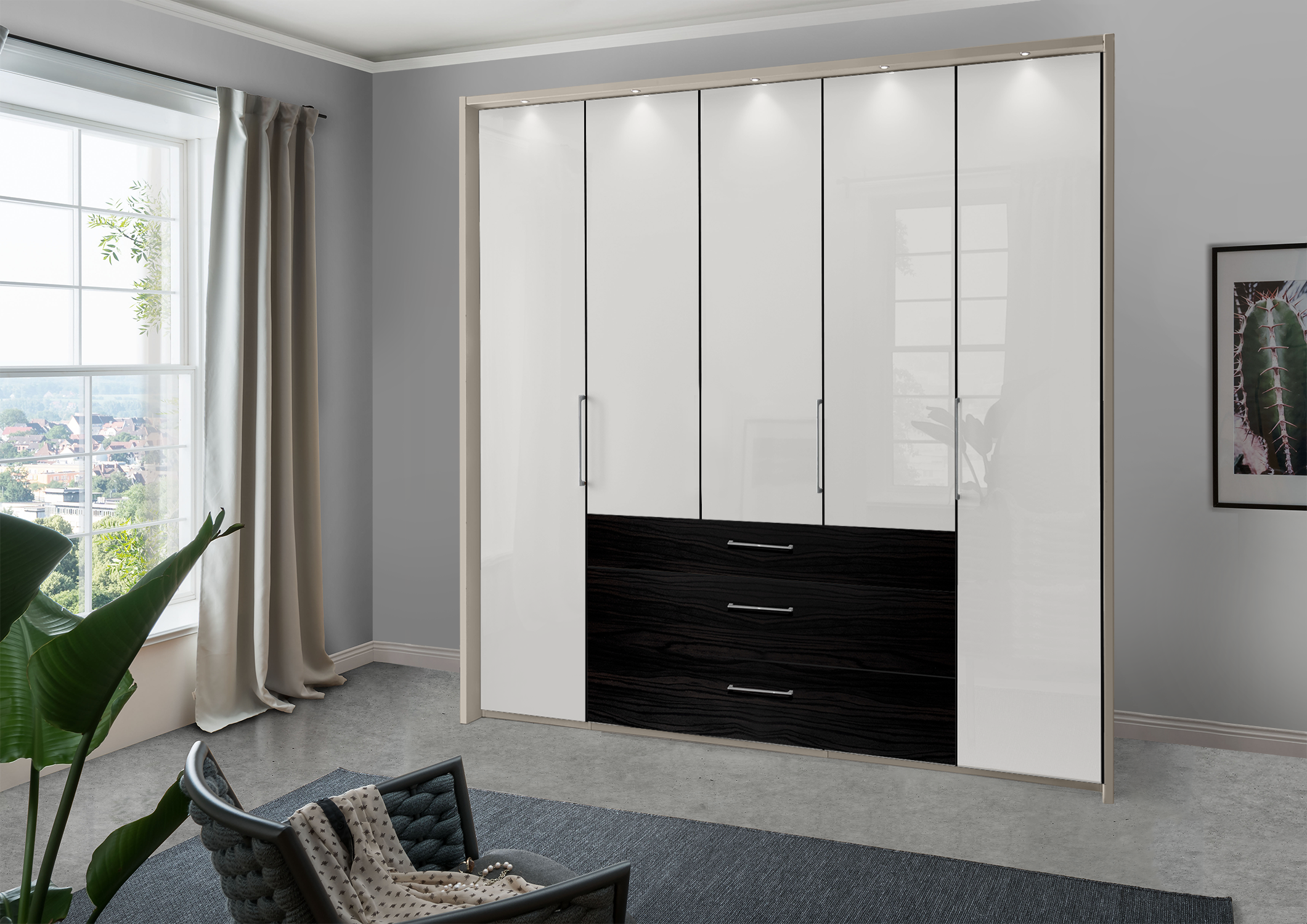 Munich 5 Door Wardrobe Glass White with Drawers 250 cm