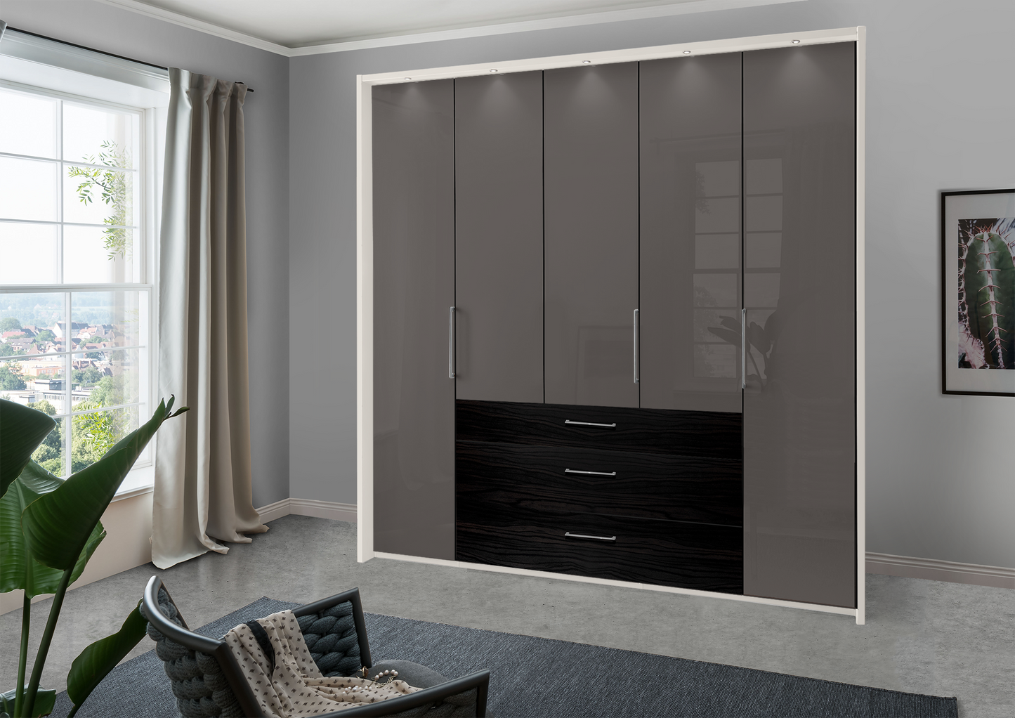 Munich 5 Door Wardrobe Glass Havana with Drawers 250 cm