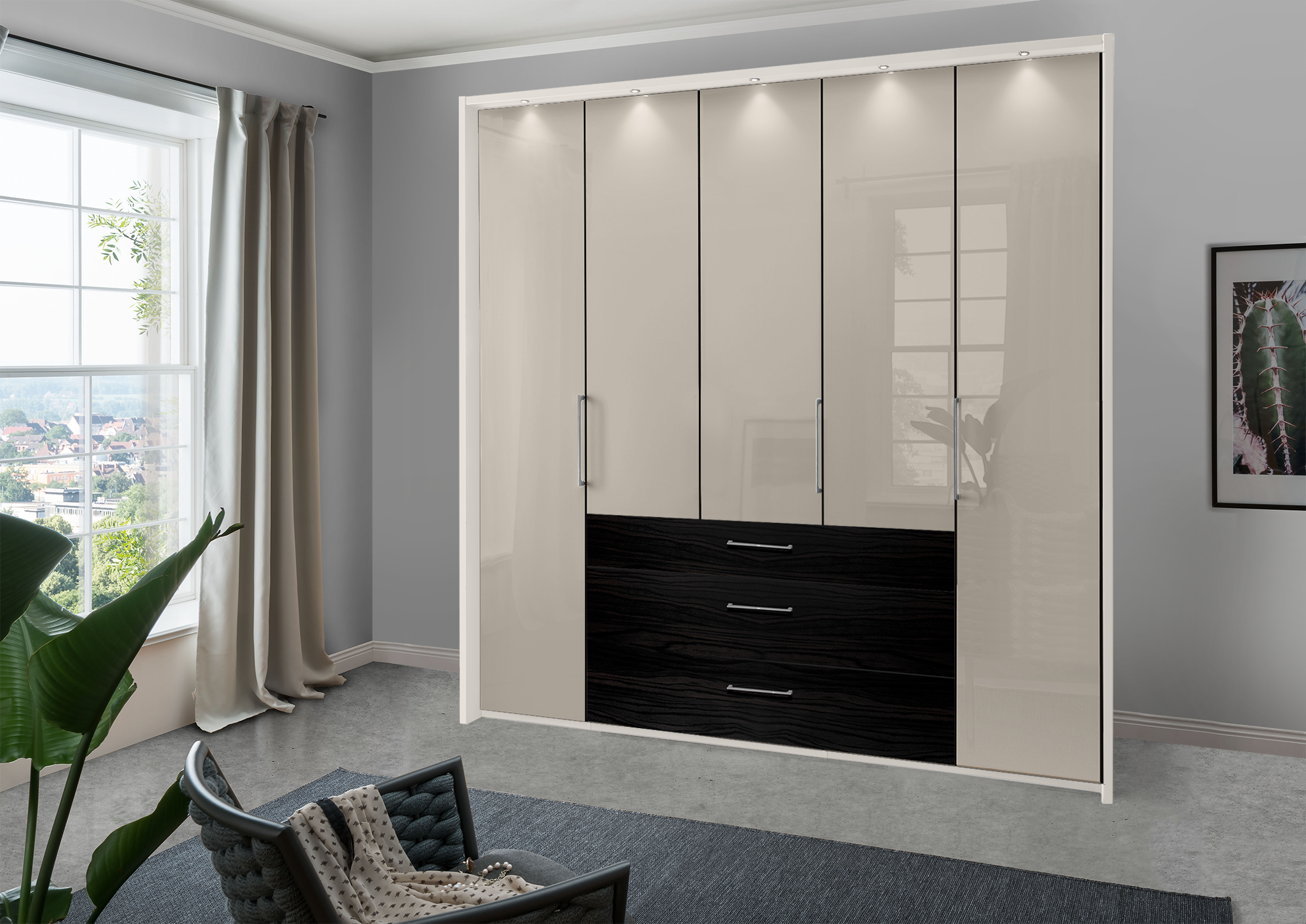Munich 5 Door Wardrobe Glass Pebble Grey with Drawers 250 cm
