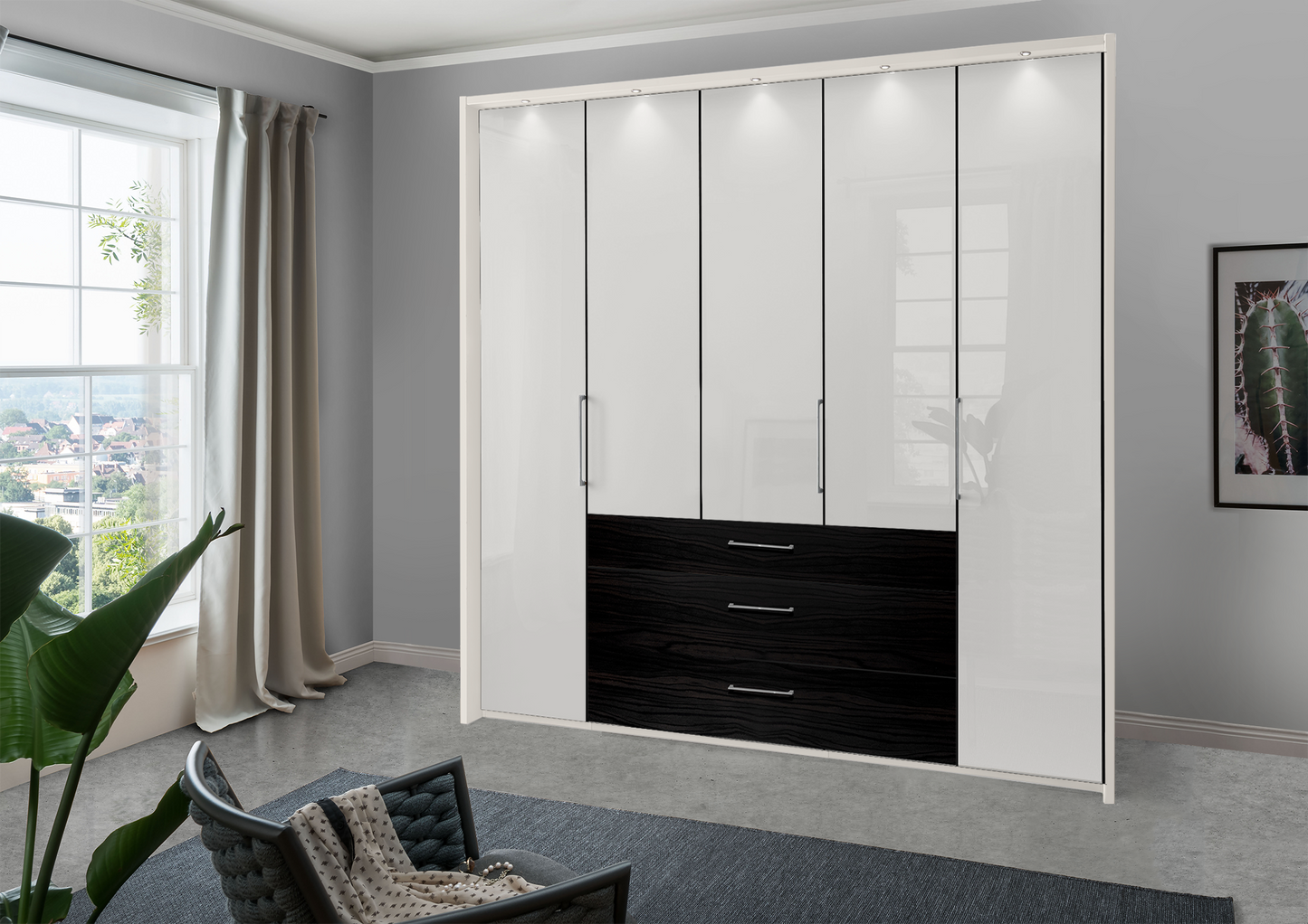 Munich 5 Door Wardrobe Glass White with Drawers 250 cm