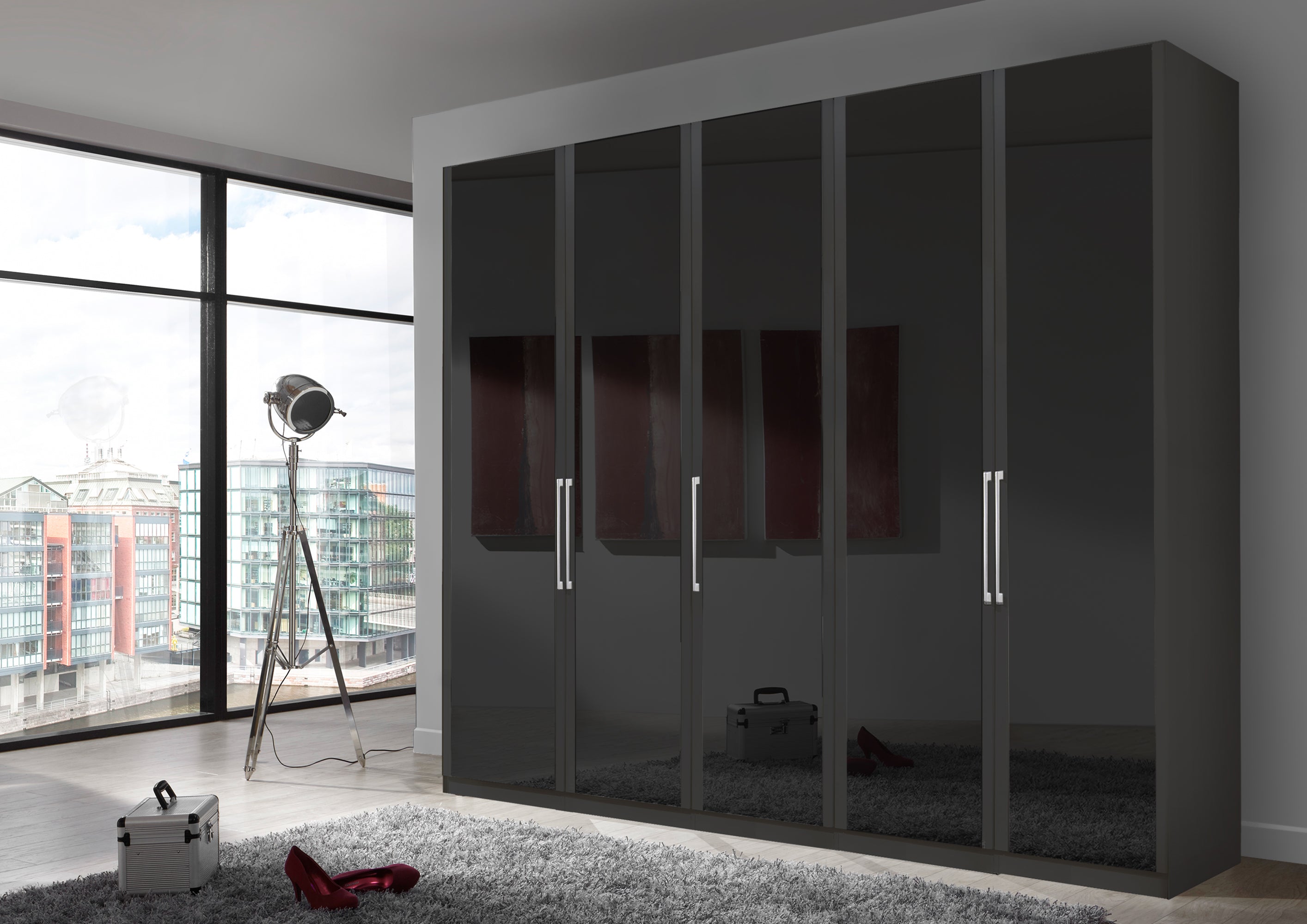 Bermuda Hinged 5 Door Wardrobe Glass Graphite 250cm
