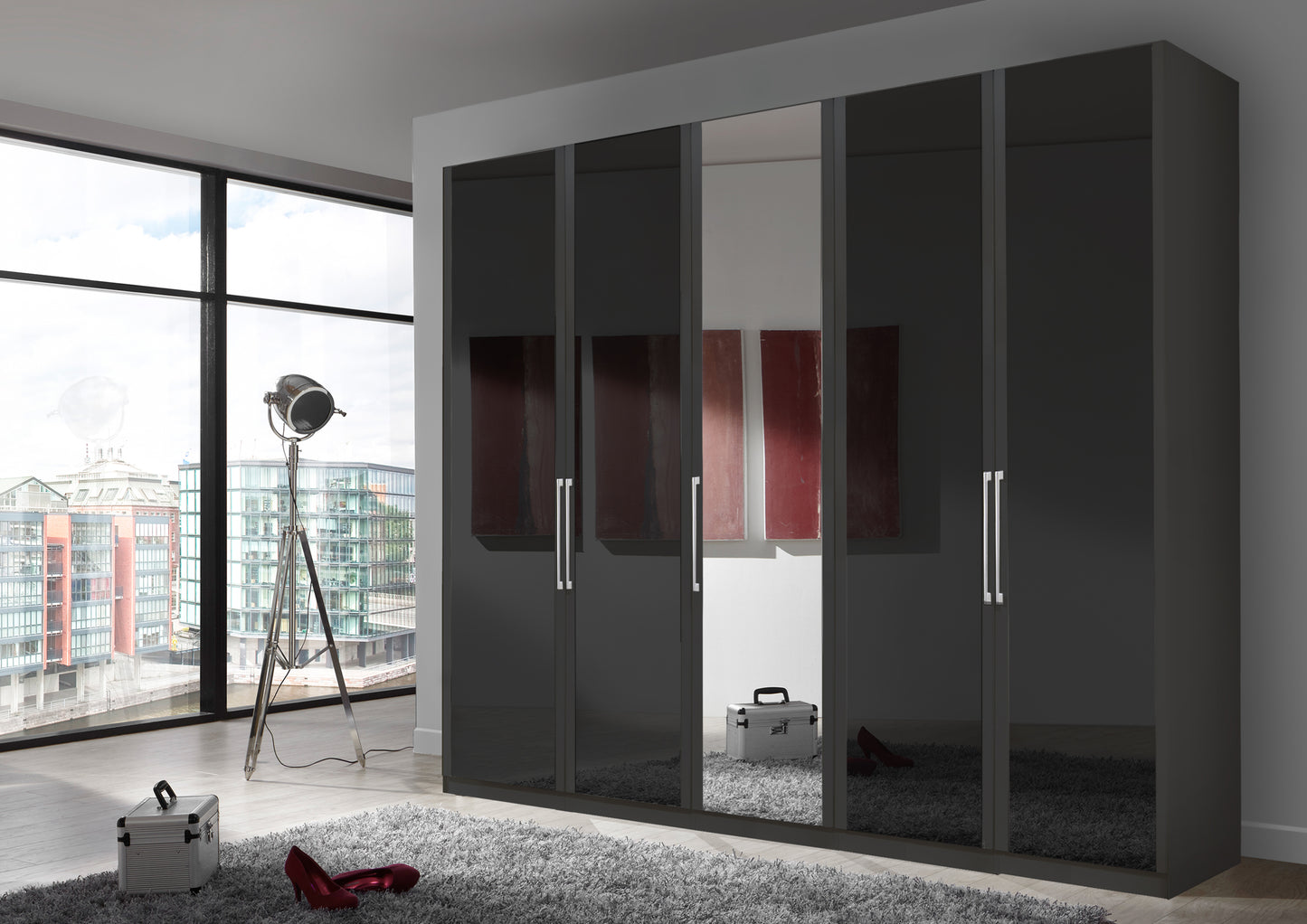 Bermuda Hinged 5 Door Wardrobe Glass Graphite 250cm