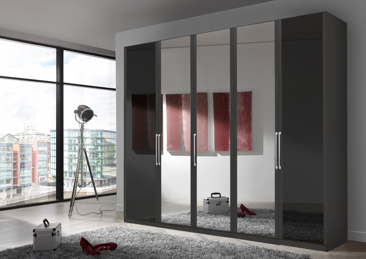 Bermuda Hinged 5 Door Wardrobe Glass Graphite 250cm