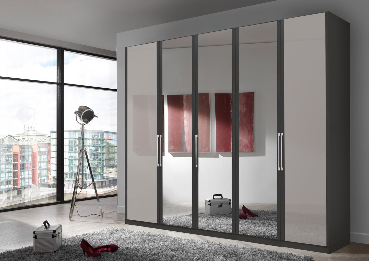 Bermuda Hinged 5 Door Wardrobe Glass Pebble Grey 250cm