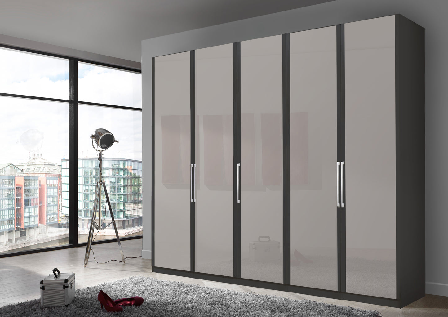 Bermuda Hinged 5 Door Wardrobe Glass Pebble Grey 250cm