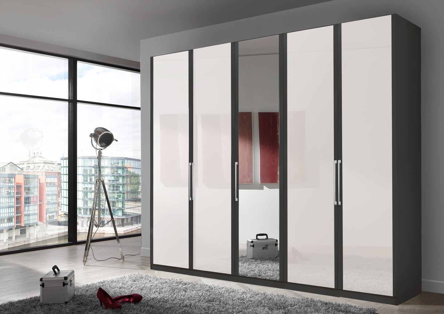 Bermuda Hinged 5 Door Wardrobe Glass White 250cm