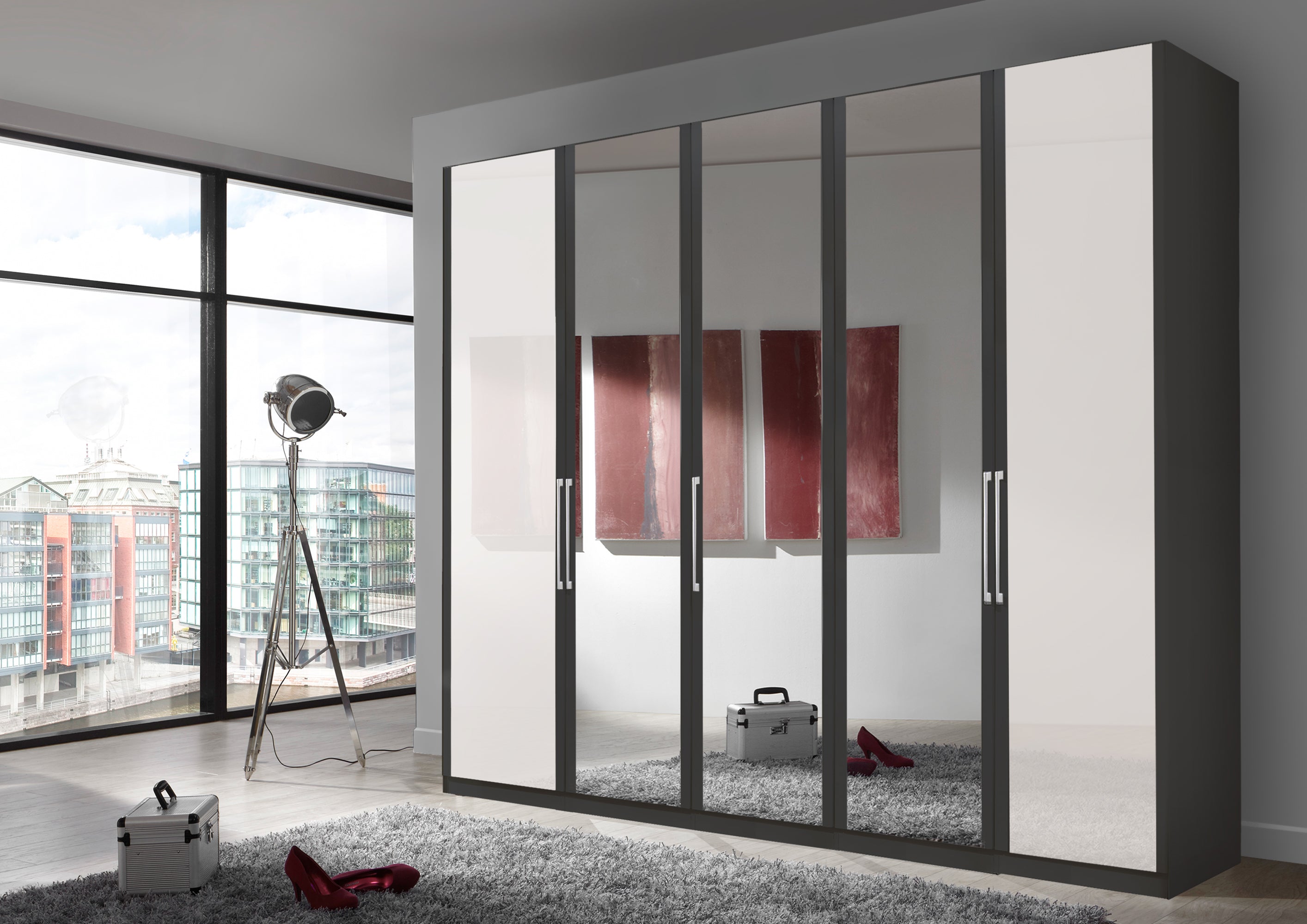 Bermuda Hinged 5 Door Wardrobe Glass White 250cm