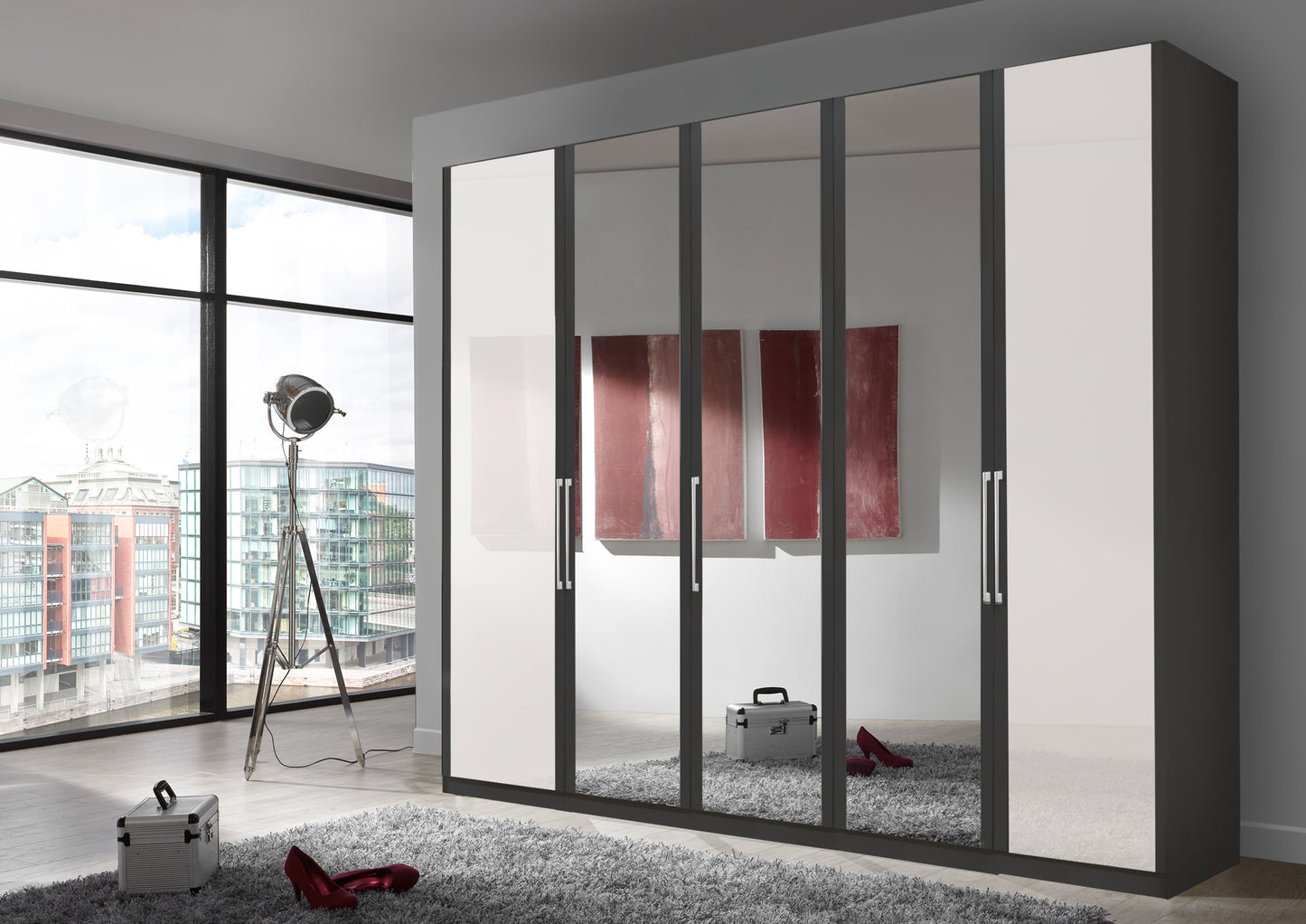 Bermuda Hinged 5 Door Wardrobe Glass White 250cm