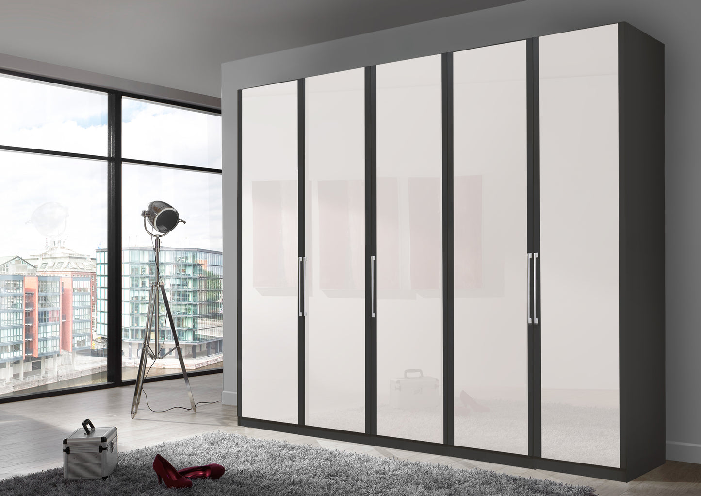 Bermuda Hinged 5 Door Wardrobe Glass White 250cm