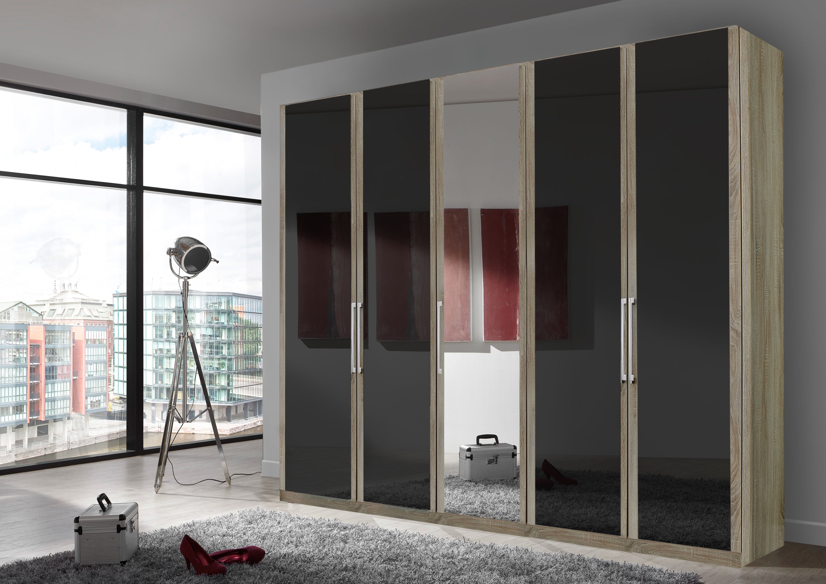 Bermuda Hinged 5 Door Wardrobe Glass Graphite 250cm
