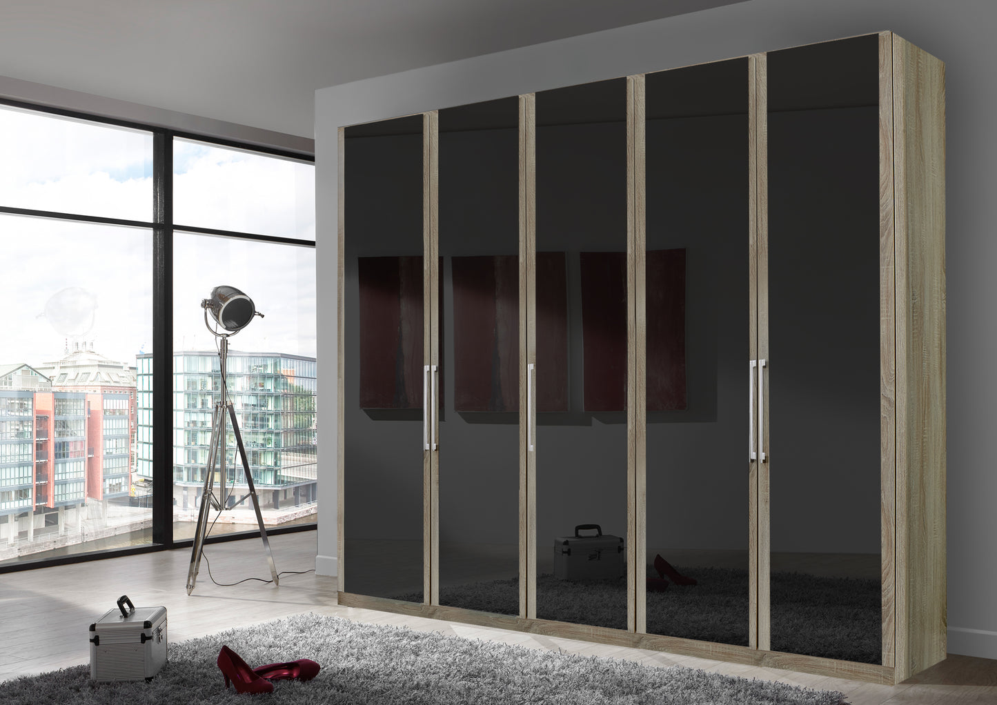 Bermuda Hinged 5 Door Wardrobe Glass Graphite 250cm