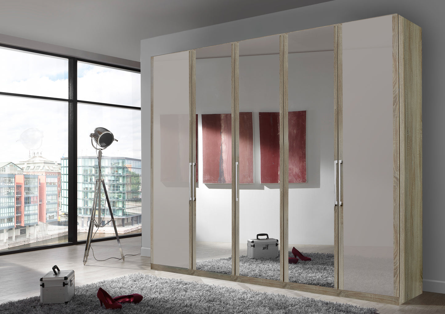 Bermuda Hinged 5 Door Wardrobe Glass Pebble Grey 250cm