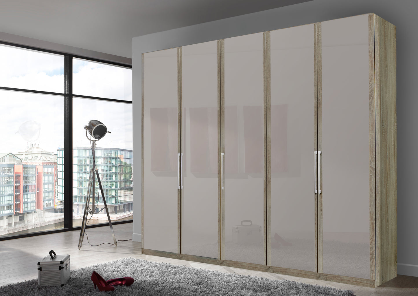 Bermuda Hinged 5 Door Wardrobe Glass Pebble Grey 250cm