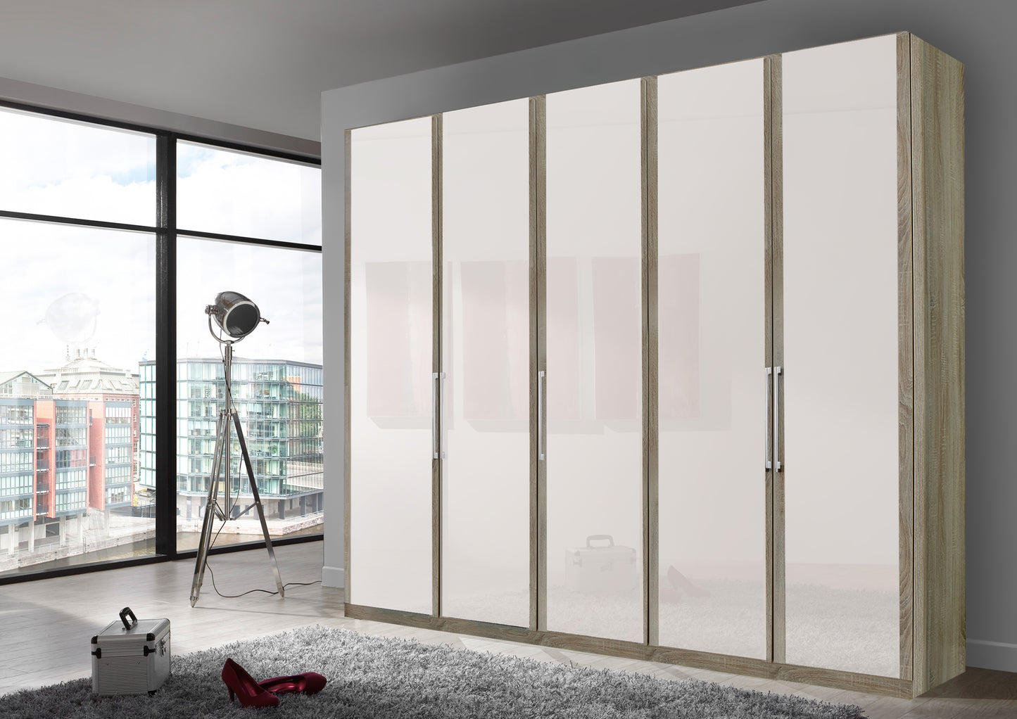 Bermuda Hinged 5 Door Wardrobe Glass White 250cm