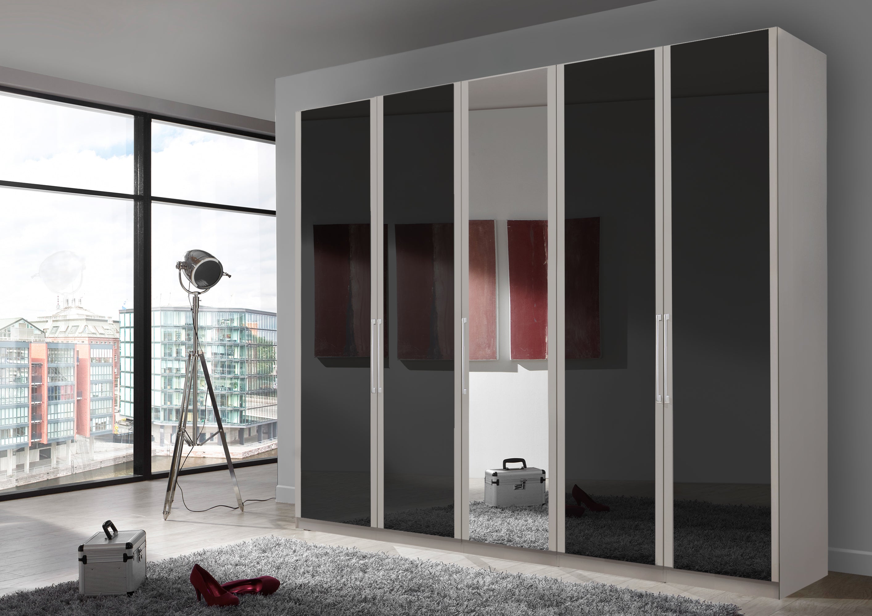 Bermuda Hinged 5 Door Wardrobe Glass Graphite 250cm