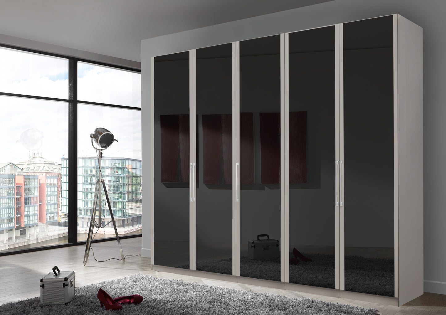 Bermuda Hinged 5 Door Wardrobe Glass Graphite 250cm