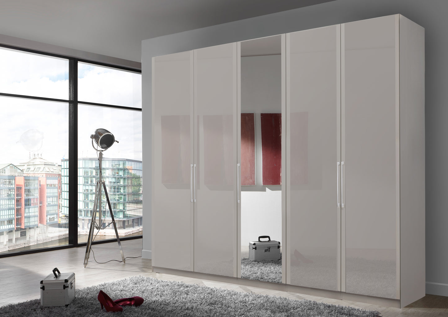 Bermuda Hinged 5 Door Wardrobe Glass Pebble Grey 250cm