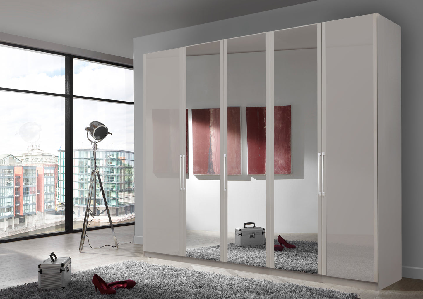 Bermuda Hinged 5 Door Wardrobe Glass Pebble Grey 250cm