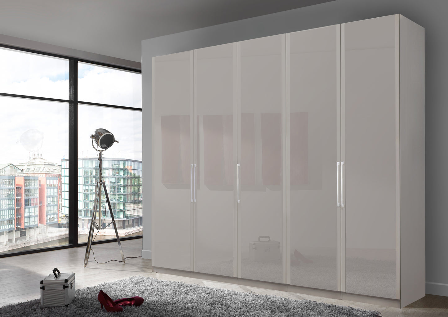 Bermuda Hinged 5 Door Wardrobe Glass Pebble Grey 250cm