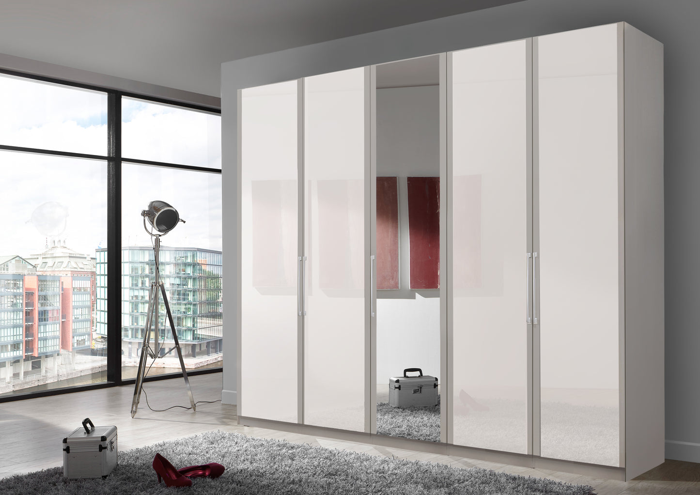 Bermuda Hinged 5 Door Wardrobe Glass White 250cm