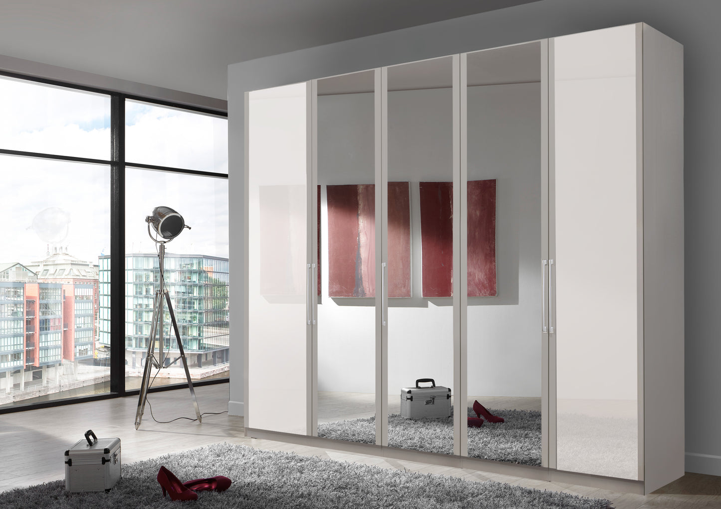 Bermuda Hinged 5 Door Wardrobe Glass White 250cm