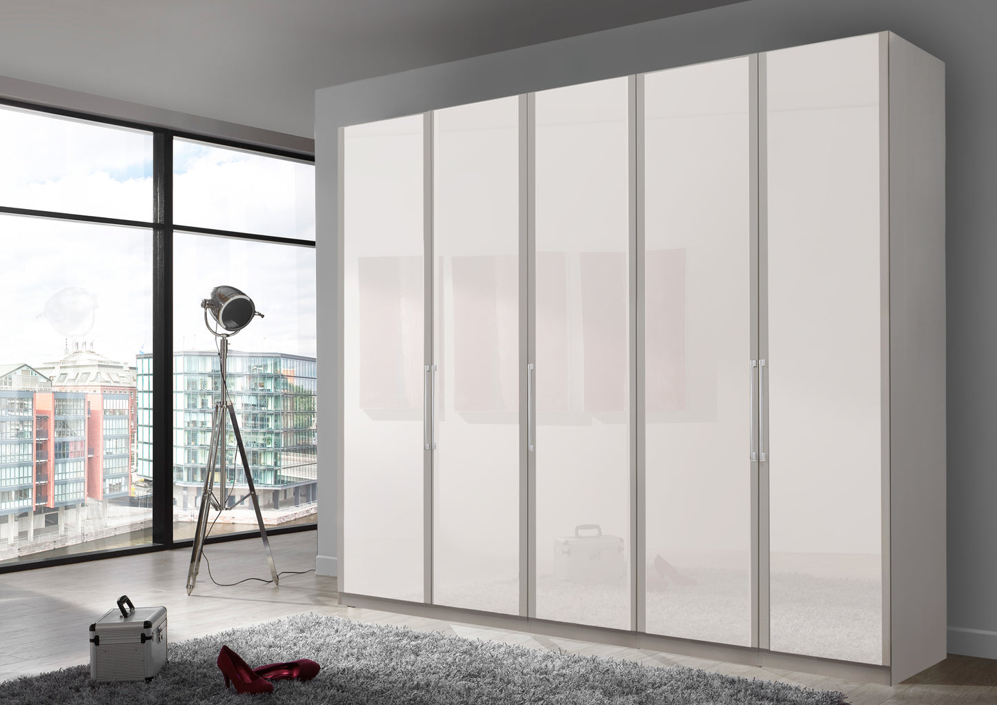 Bermuda Hinged 5 Door Wardrobe Glass White 250cm