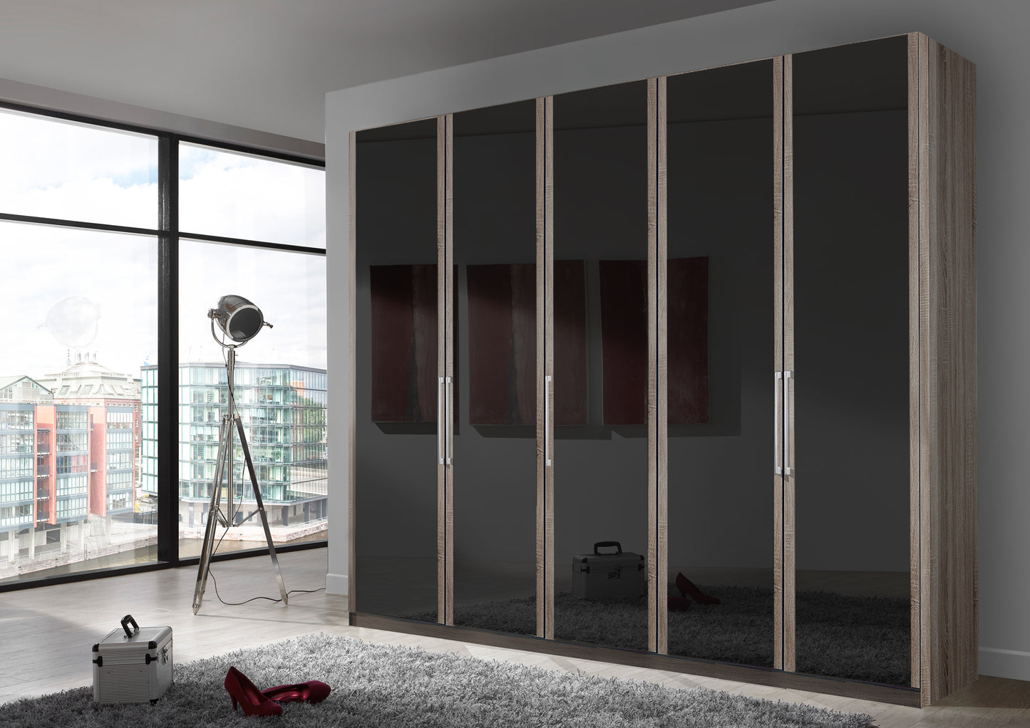 Bermuda Hinged 5 Door Wardrobe Glass Graphite 250cm