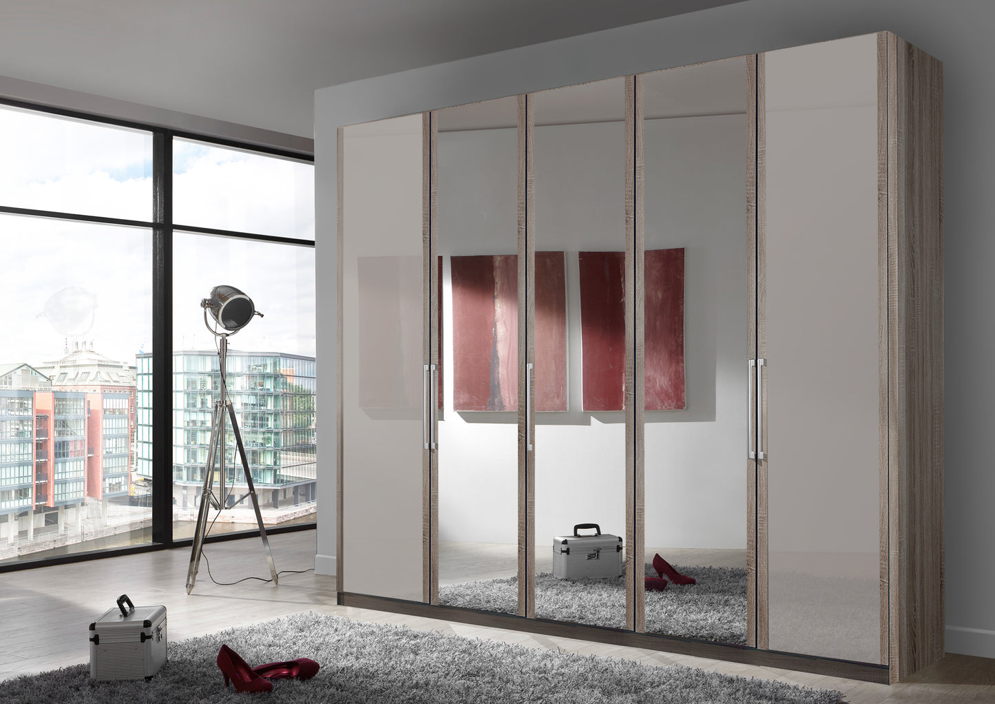 Bermuda Hinged 5 Door Wardrobe Glass Pebble Grey 250cm