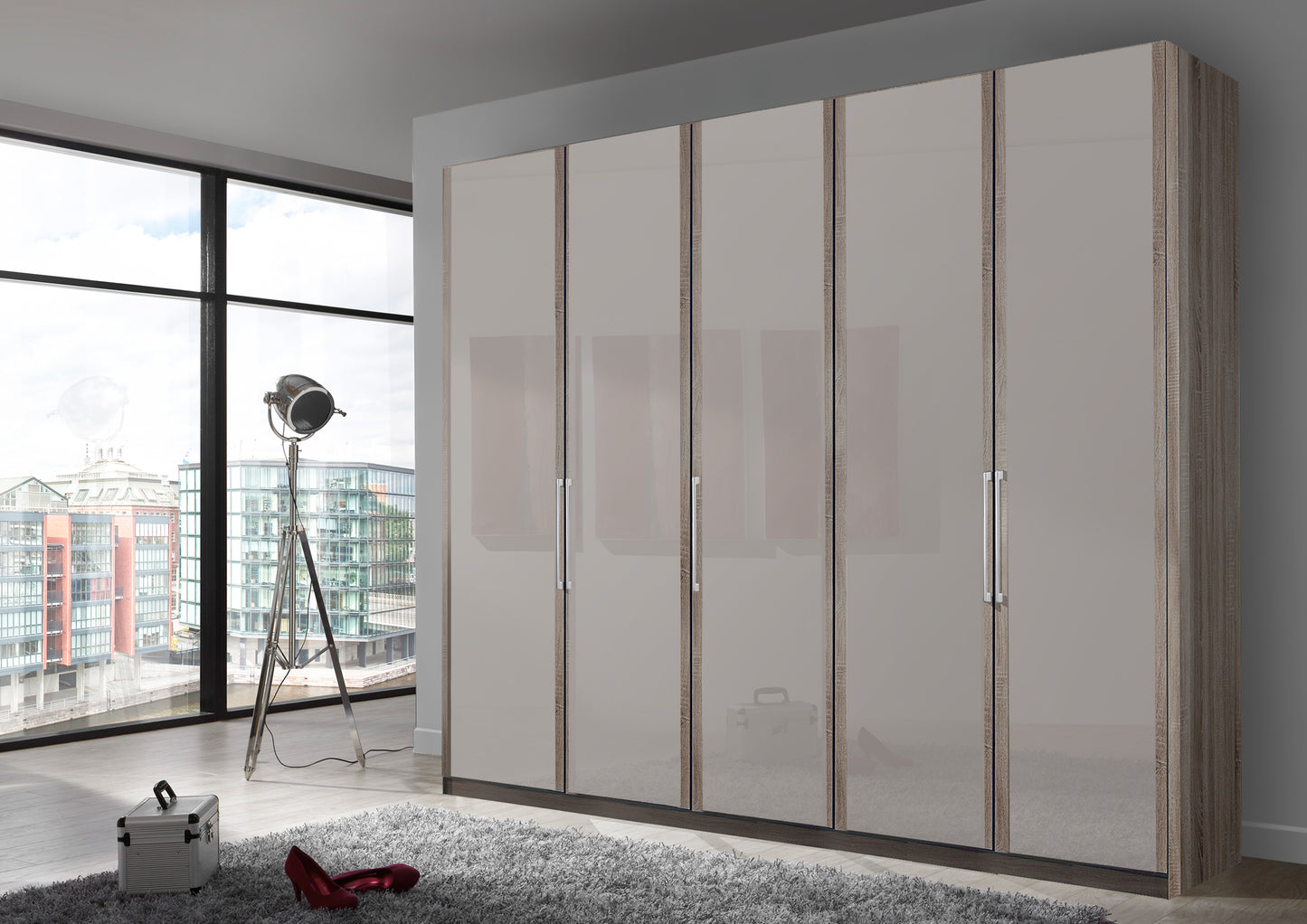 Bermuda Hinged 5 Door Wardrobe Glass Pebble Grey 250cm