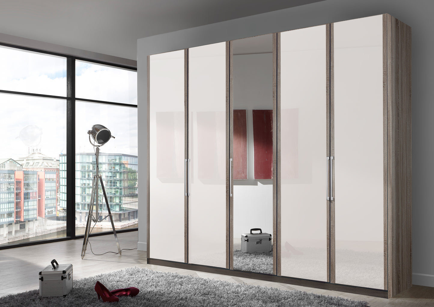 Bermuda Hinged 5 Door Wardrobe Glass White 250cm