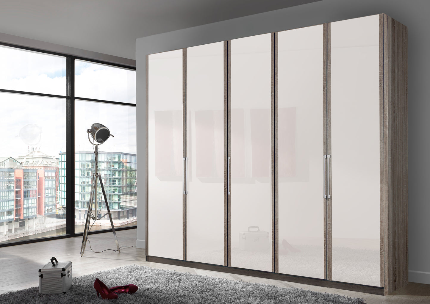 Bermuda Hinged 5 Door Wardrobe Glass White 250cm