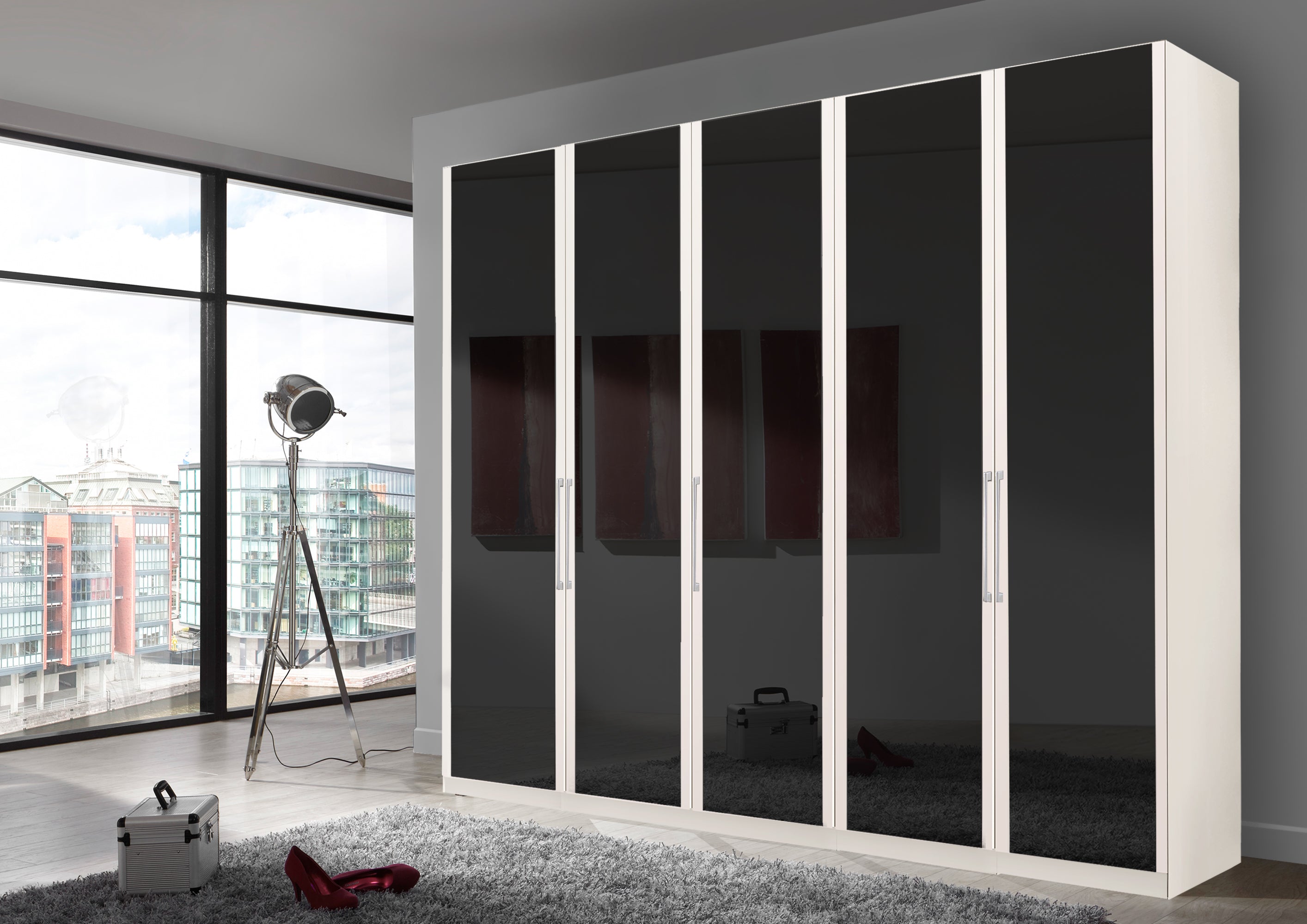 Bermuda Hinged 5 Door Wardrobe Glass Graphite 250cm