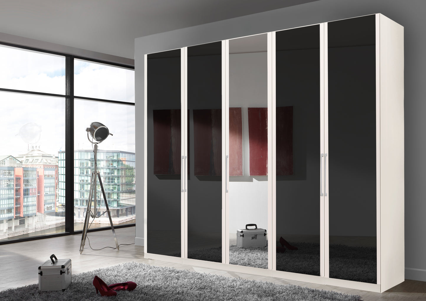 Bermuda Hinged 5 Door Wardrobe Glass Graphite 250cm